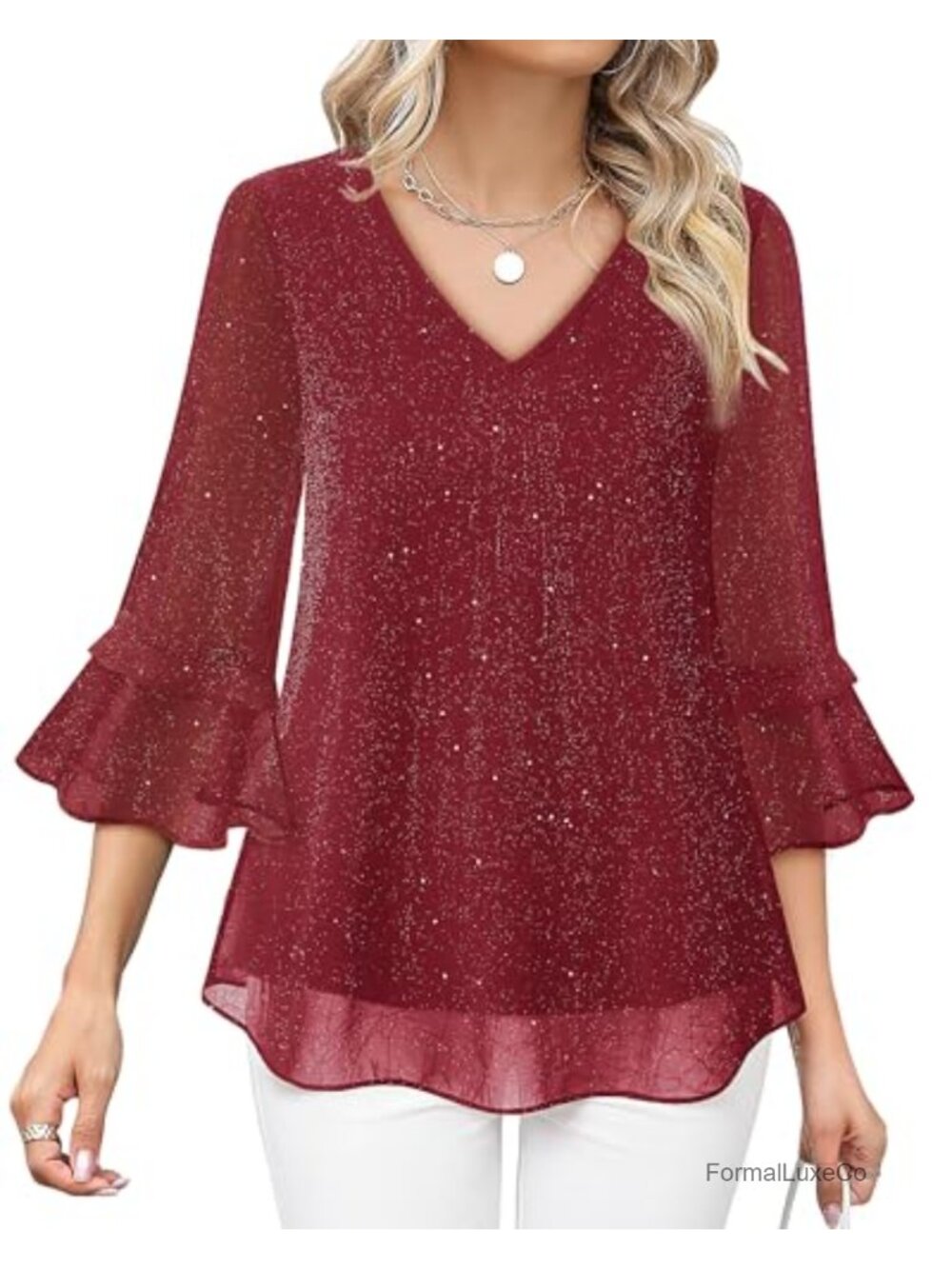 Tunic Top 3/4 Ruffle Sleeve V Neck Floral Chiffon Blouse